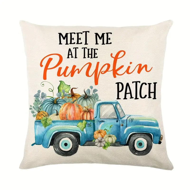Linen pillow cover with blue truck filled with pumpkins and Meet Me at the Pumpkin Patch text.