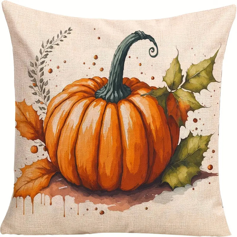 Linen pillow cover with single orange pumpkin accented by green and amber autumn leaves.
