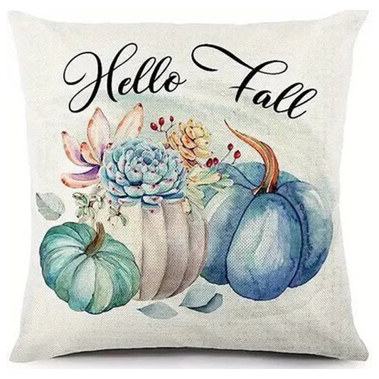 Pillow cover with Hello Fall text above teal and cream pumpkins with soft floral accents.