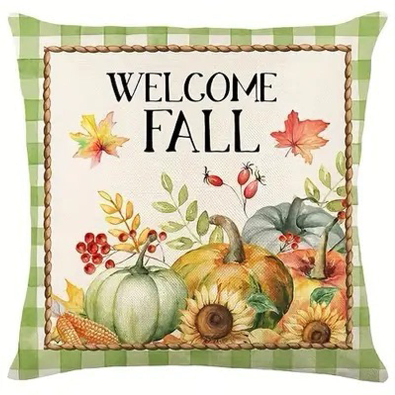 Pillow cover with Welcome Fall text framed by pumpkins, sunflowers, berries, and green gingham border.