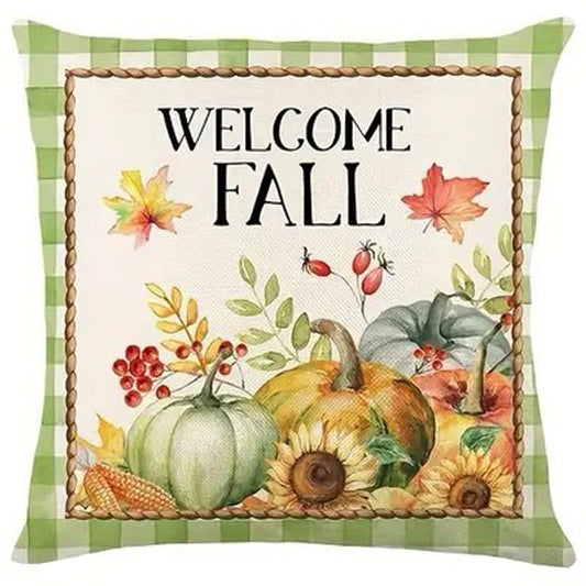Pillow cover with Welcome Fall text framed by pumpkins, sunflowers, berries, and green gingham border.