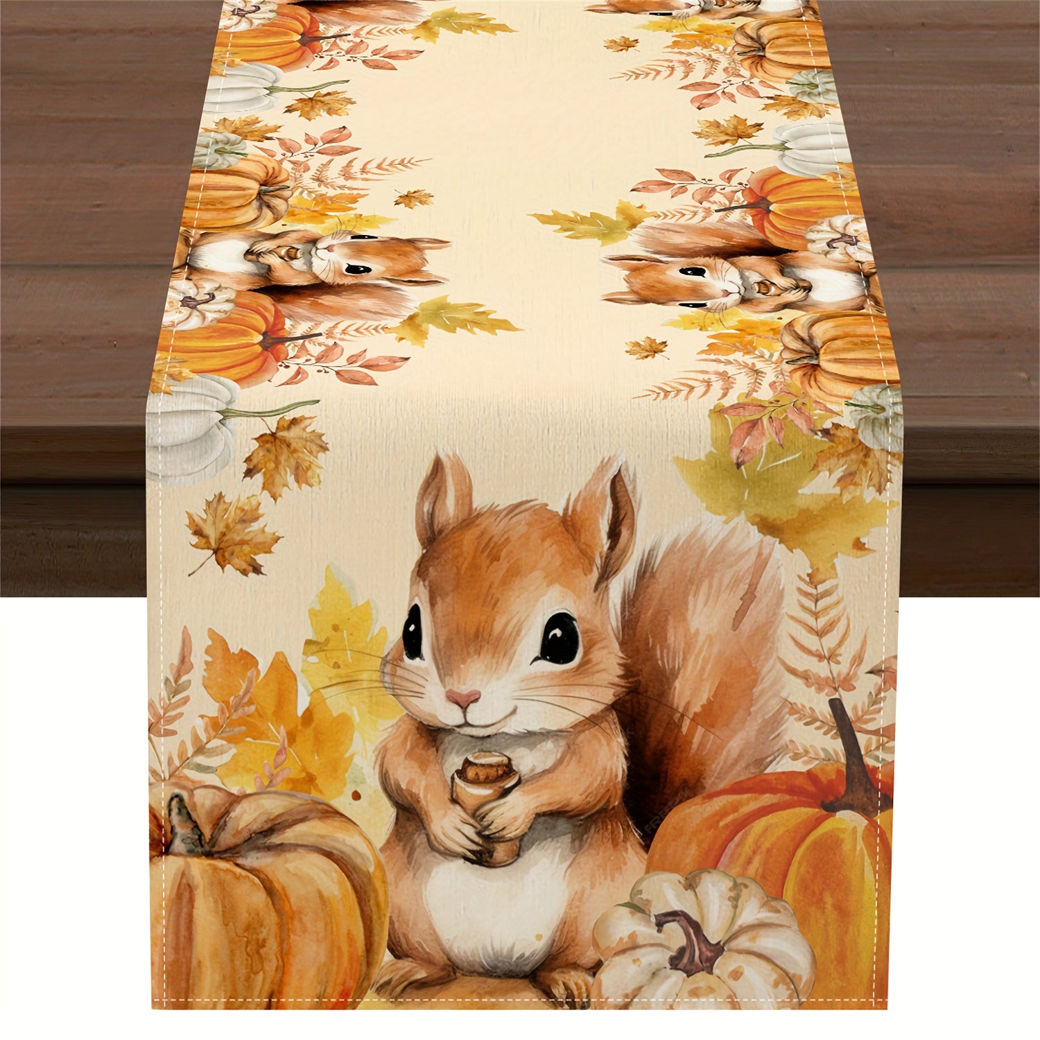 Expressive Hand-Painted Autumn Table Runner with Squirrel, Pumpkin, and Fall Leaves décor - Durable Seasonal Fabric in 13x72" or 13x108"