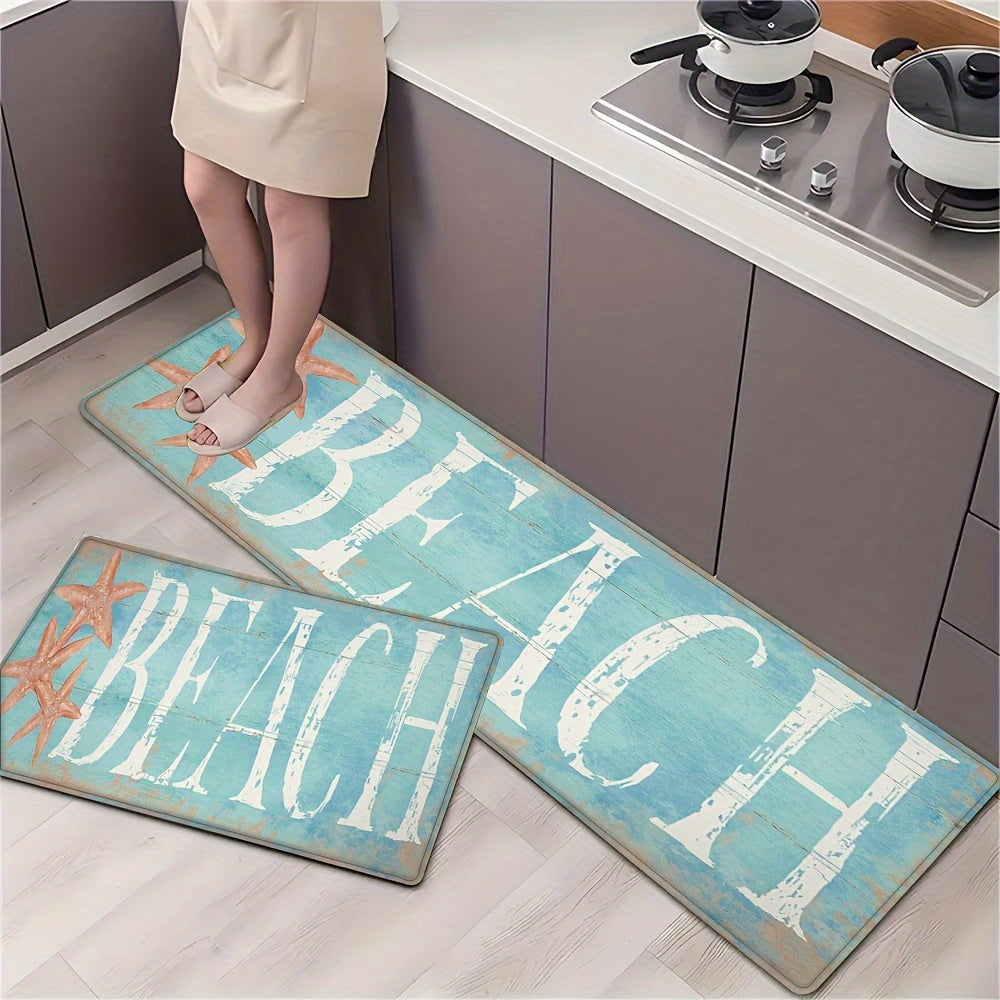 Coastal kitchen mat and runner featuring distressed wood plank design with large “BEACH” lettering and starfish accents.