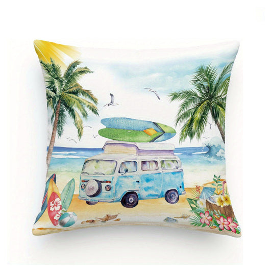 Vintage Beach Scene Throw Pillow Cover – Surfboard, Palm Trees & Blue Van Design, 18x18"