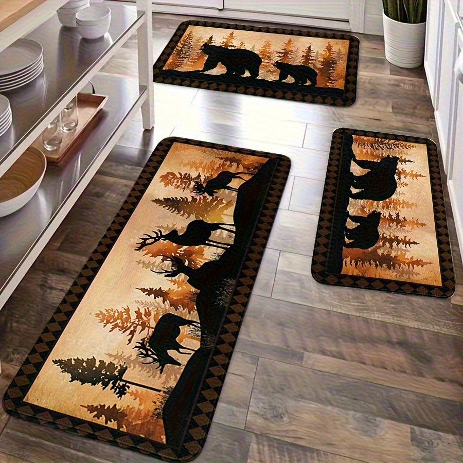 Rustic kitchen mat or runner featuring bear and deer silhouettes in a woodland forest design with warm brown and tan tones.