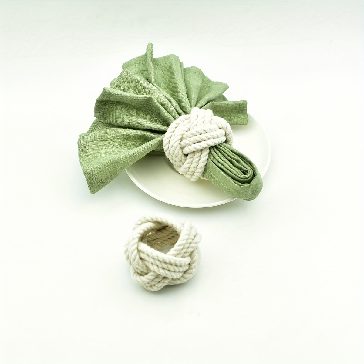 Beige rope knot napkin rings nautical coastal table setting napkin holders set of six