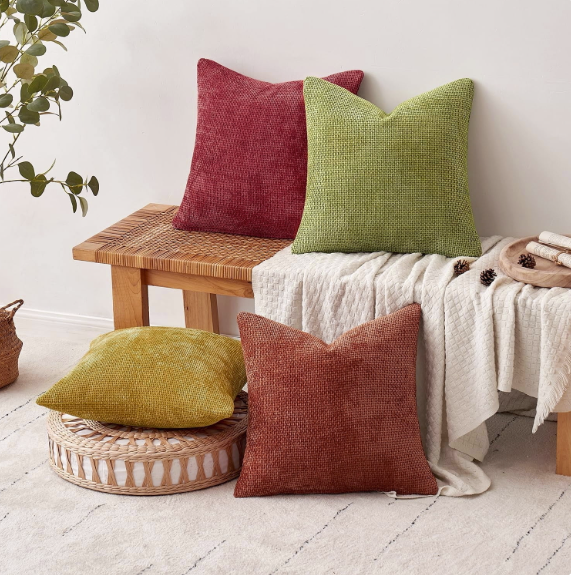 Radiant 18x18 inch pillow covers in Mustard, Terracotta, Burgundy, and Pear showing a heavy-weight linen-textured chenille weave for coastal décor – Coastal Pillows Plus.