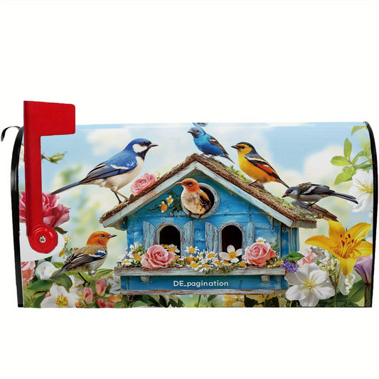 Blue Birdhouse & Colorful Flowers Mailbox Cover – 18x21" - Coastal Pillows Plus