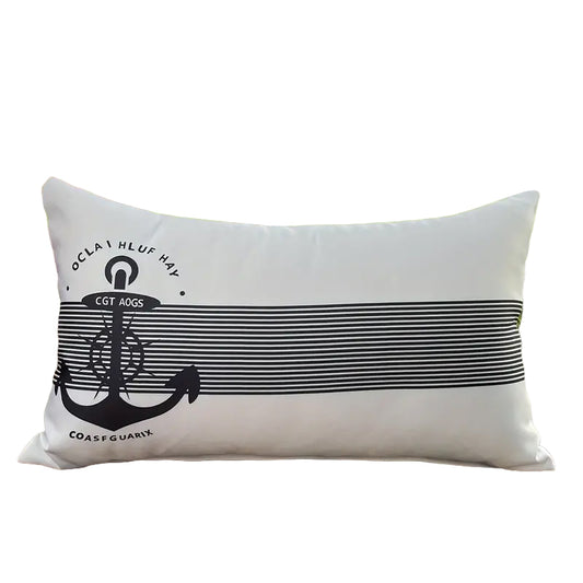 12"x20" black anchor badge-style linen lumbar pillow cover with horizontal stripe detail and zippered closure.