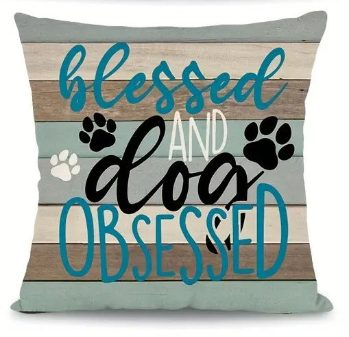 Whimsical 20x20 inch pillow cover with "Blessed and Dog Obsessed" script and black paw prints - Coastal Pillows Plus