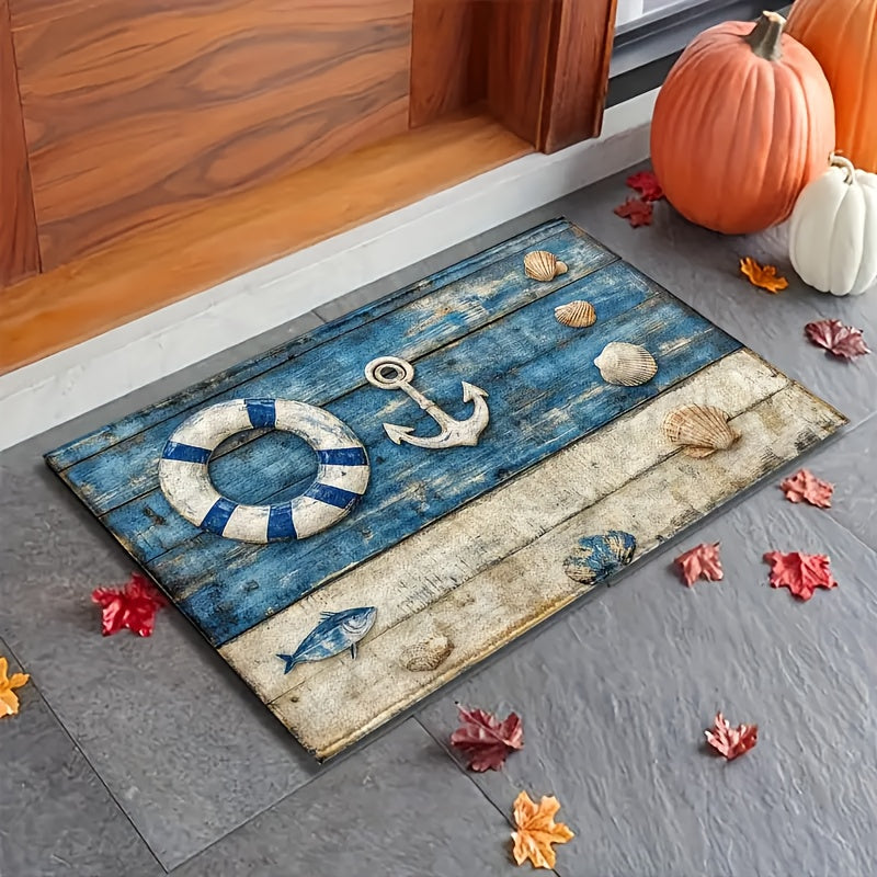Nautical entryway mat featuring anchor and seashell designs on a distressed blue wood plank background.