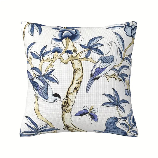 Linen pillow cover featuring blue birds and chinoiserie-style branches and florals, 18x18, insert not included.
