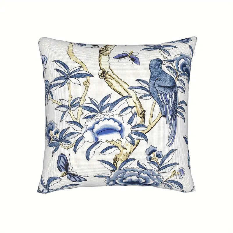Linen pillow cover featuring a single perched blue bird with chinoiserie branches and florals, 18x18, insert not included.