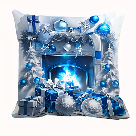 Winter fireplace scene pillow cover with blue presents, ornaments, and decorated mantel