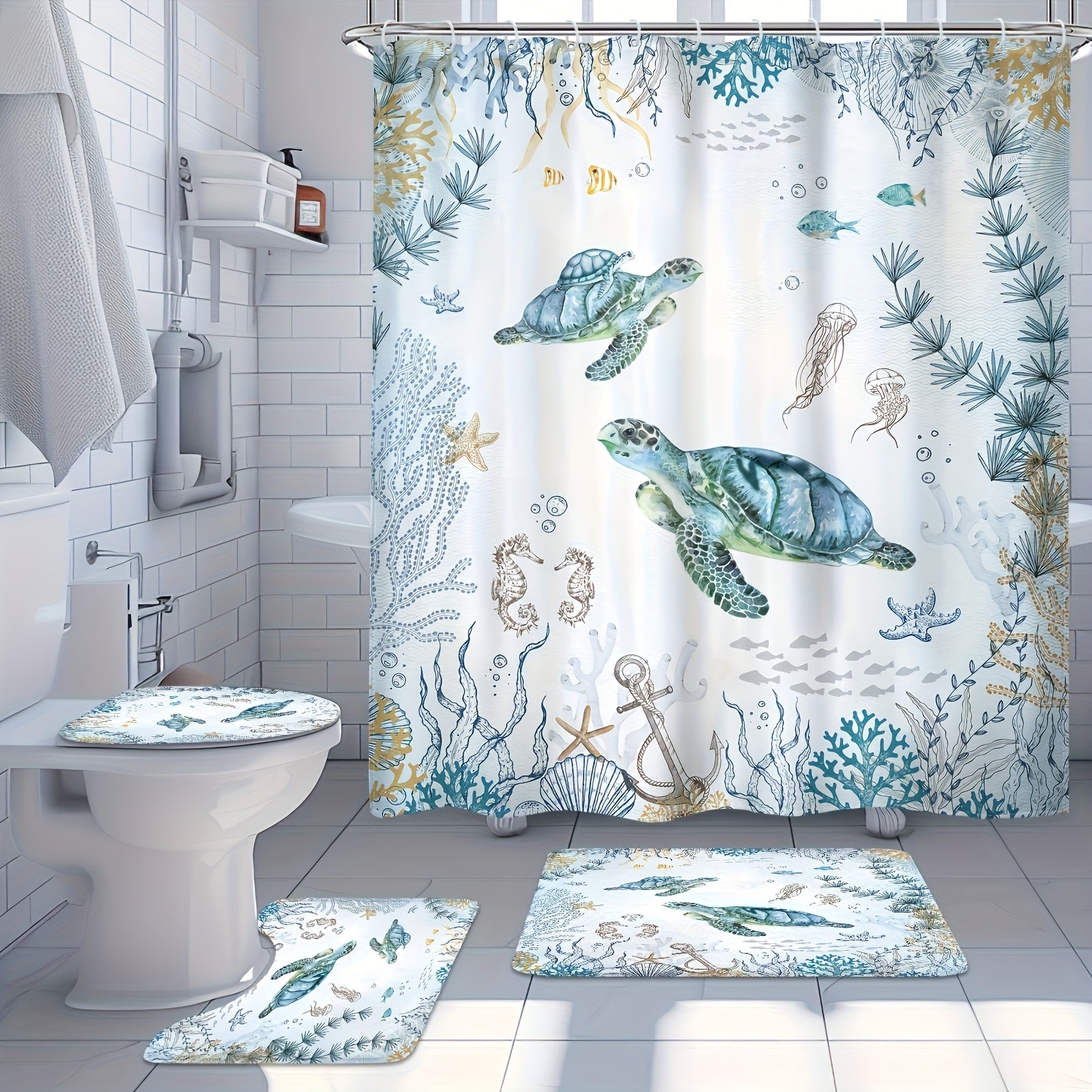 An eye-catching 4-piece blue coastal nautical bathroom set featuring fish and sea turtle designs with a 71" x 71" curtain and non-slip mats for seaside décor - Coastal Pillows Plus