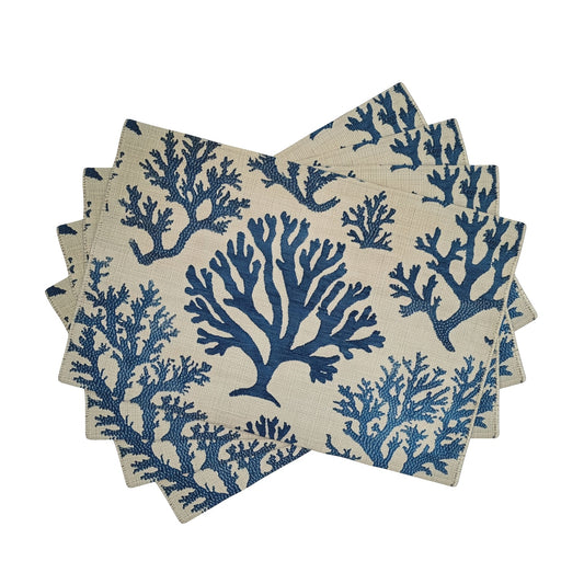 Set of blue coral coastal placemats on a dining table with a coffee cup and basket.