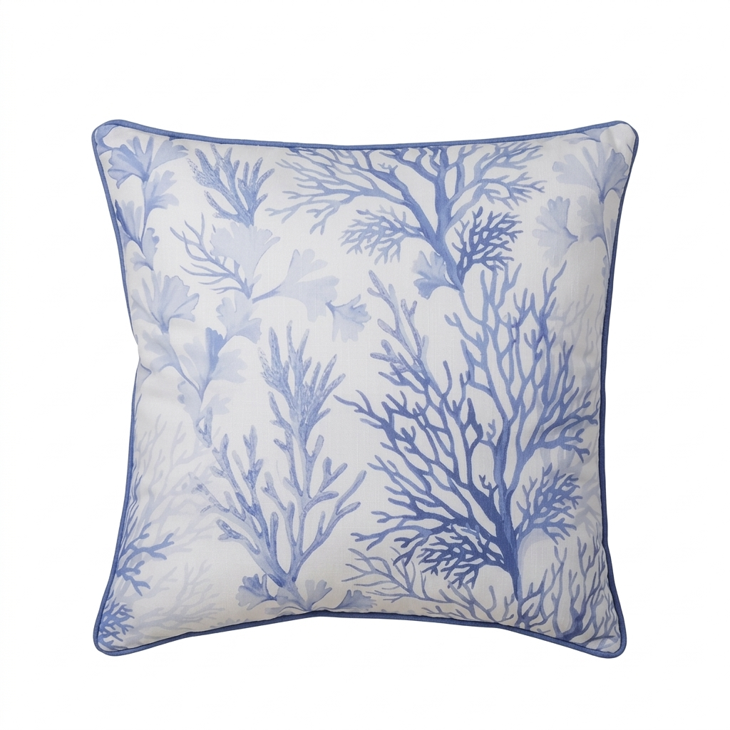 Blue and white coastal pillow cover with coral pattern on taffeta fabric for beach house and coastal home decor.