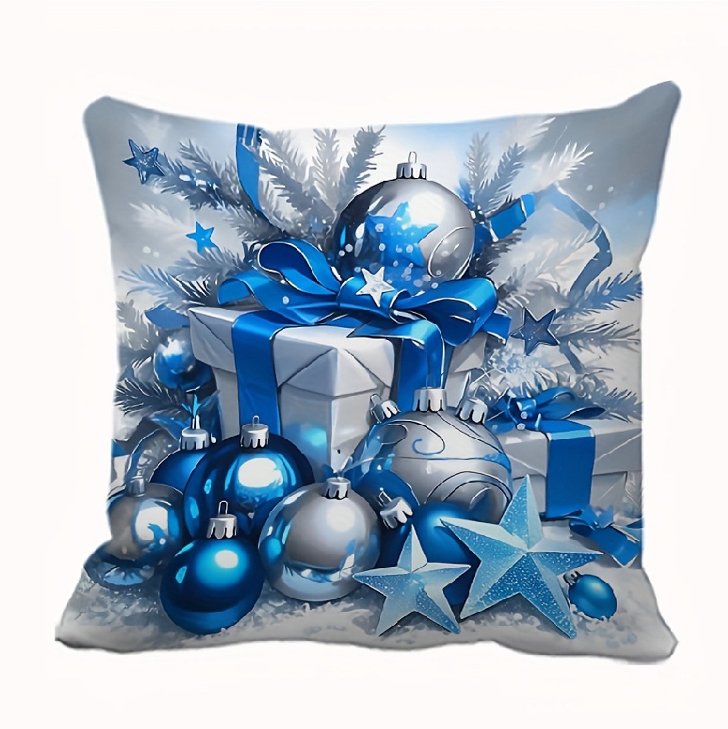 Christmas pillow cover with blue gift boxes, ornaments, ribbon, and stars in silver and blue tones