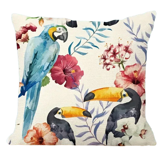 Linen pillow cover featuring a blue macaw and two toucans with tropical flowers, 18x18, insert not included.