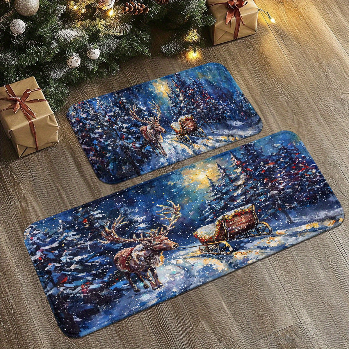 Holiday mat or runner featuring a reindeer pulling a sleigh through snowy trees on a deep blue winter background.