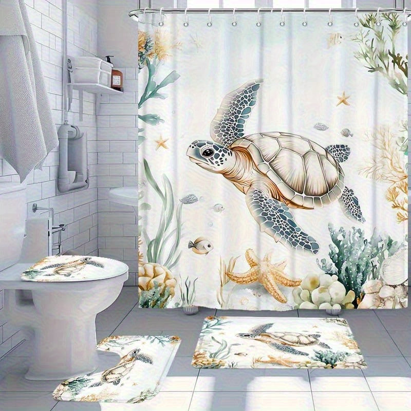A 4-piece coastal bathroom set featuring a serene blue sea turtle design on a waterproof shower curtain with matching non-slip mats - Coastal Pillows Plus