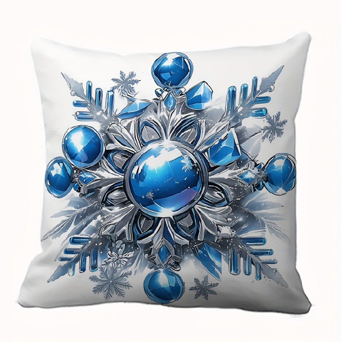 White pillow cover with large blue ornament snowflake design in silver and blue winter colors