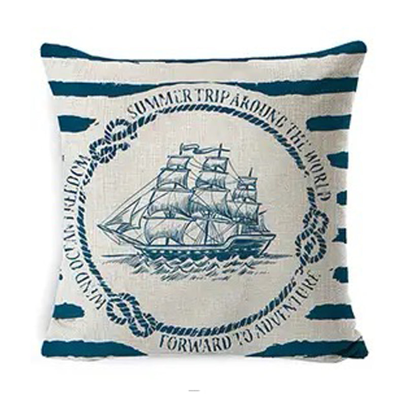 Linen pillow cover featuring a detailed ship illustration over blue vertical stripes with nautical text accents.