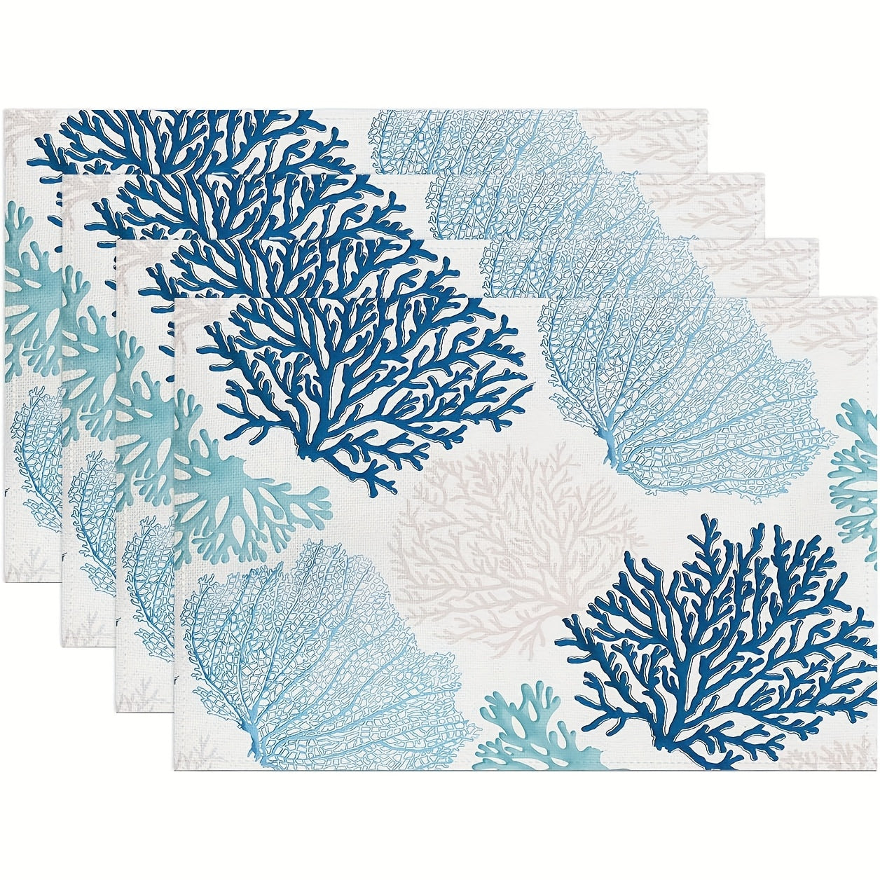Blue and turquoise coral coastal placemats set of four with ocean reef pattern.
