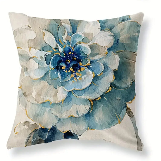 Decorative pillow cover featuring a large blue watercolor peony with soft neutral background and subtle gold accents.
