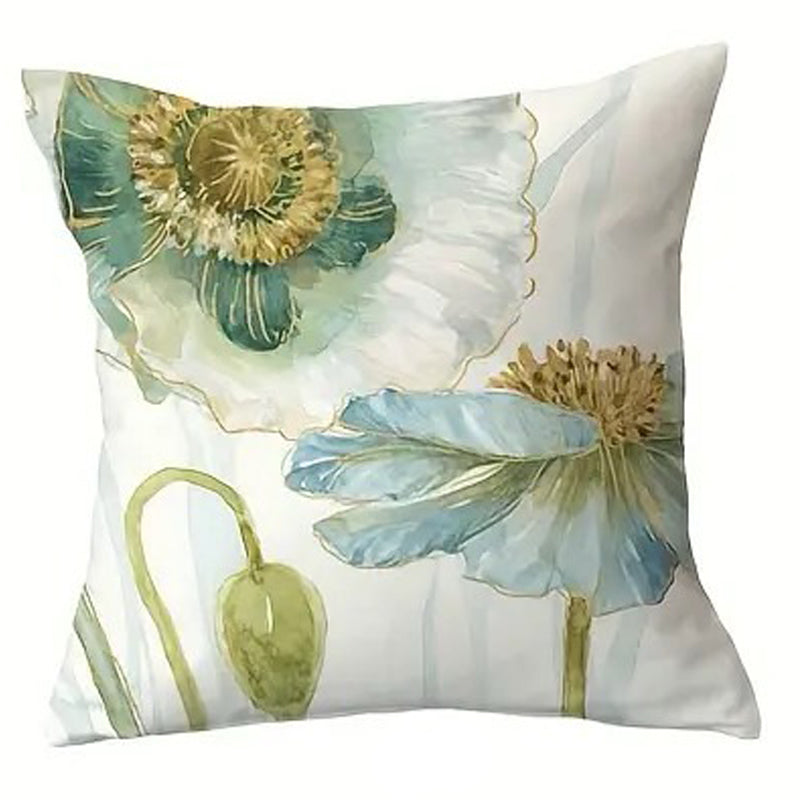 Decorative pillow cover featuring a large blue watercolor poppy with soft white petals and a green stem on a light background.