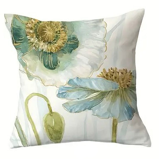 Decorative pillow cover featuring a large blue watercolor poppy with soft white petals and a green stem on a light background.