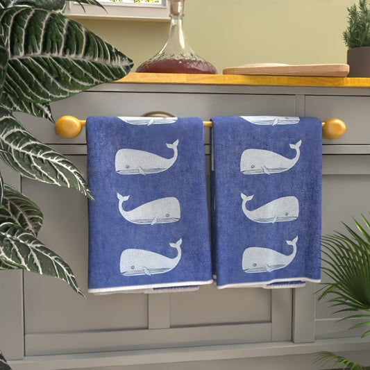 Graceful 2-Piece Blue Whale Nautical Hand Towel Set for Seaside Bathroom Décor, 16x24" - Coastal Pillows Plus