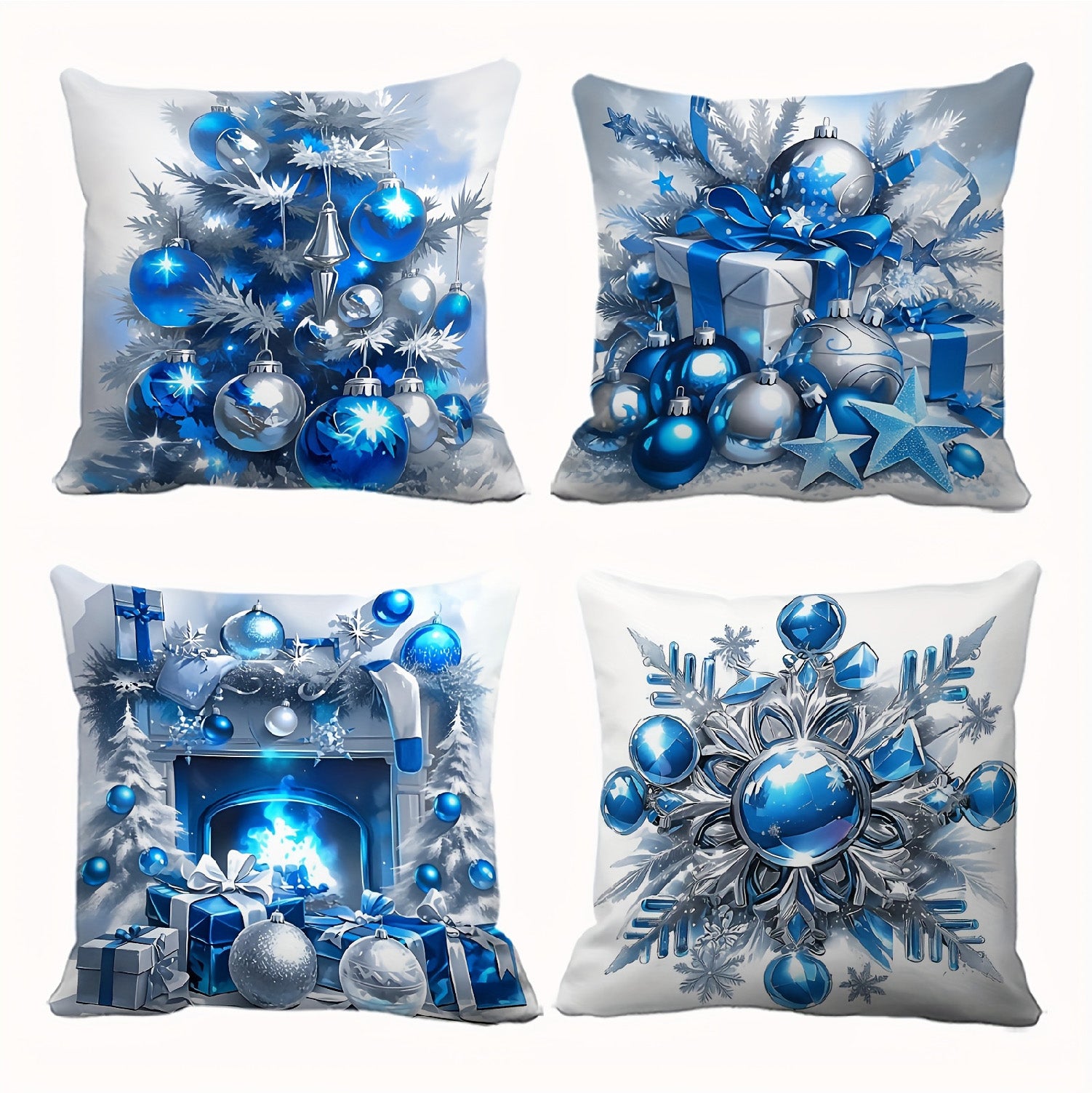Set of four blue and silver Christmas pillow covers featuring ornaments, gift boxes, fireplace scene, and snowflake design