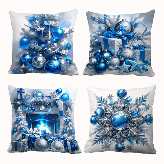 Set of four blue and silver Christmas pillow covers featuring ornaments, gift boxes, fireplace scene, and snowflake design