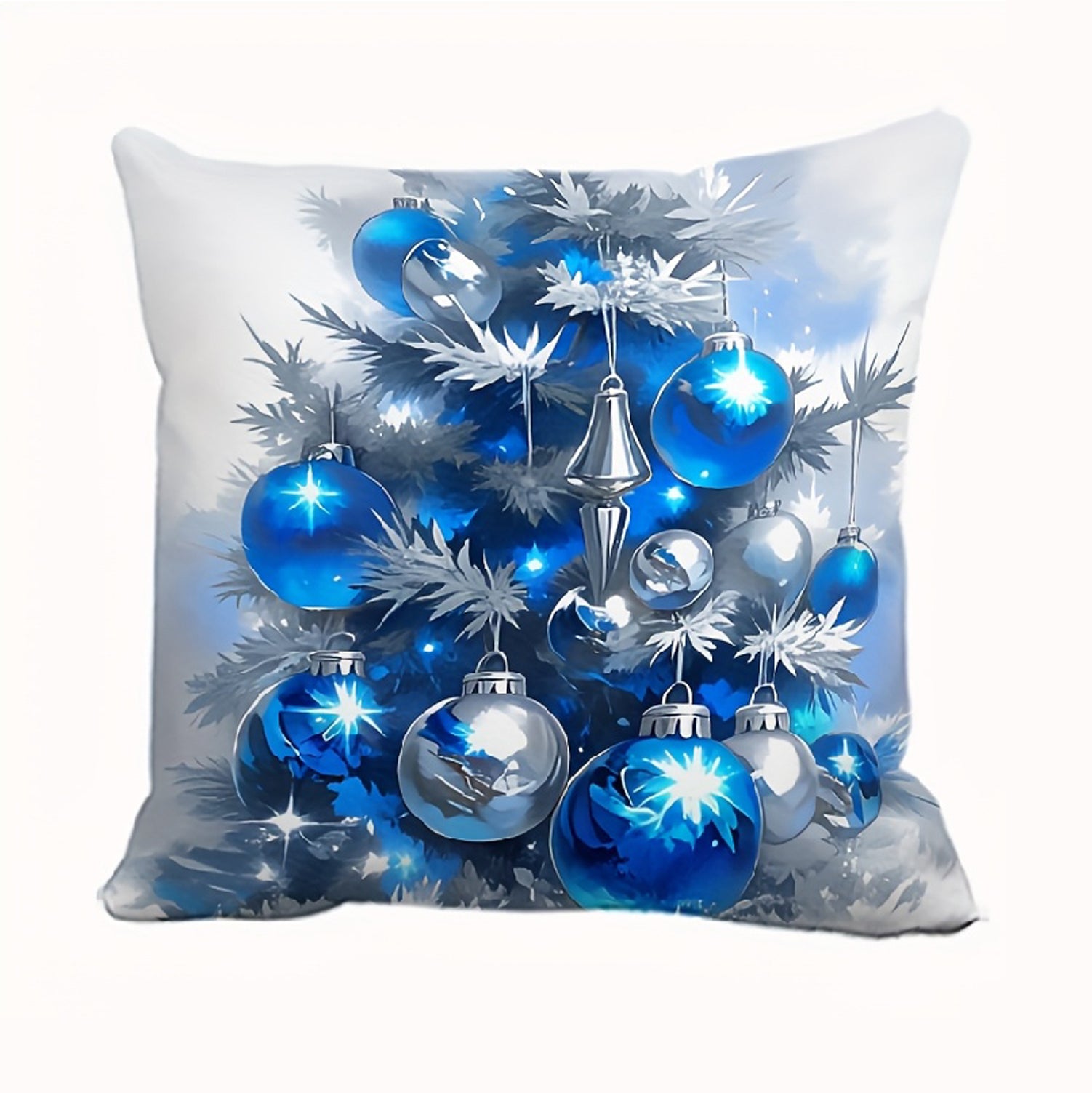 White pillow cover with blue and silver Christmas ornaments hanging on a decorated tree