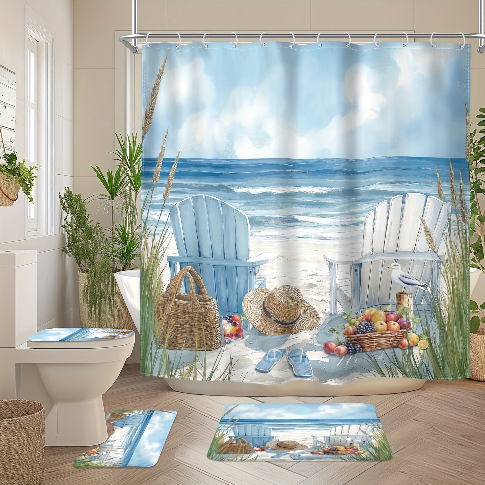 A lustrous 4-piece coastal beach shower set with blue and white Adirondack chairs, including a 71" x 71" curtain and matching mats for bathroom décor - Coastal Pillows Plus