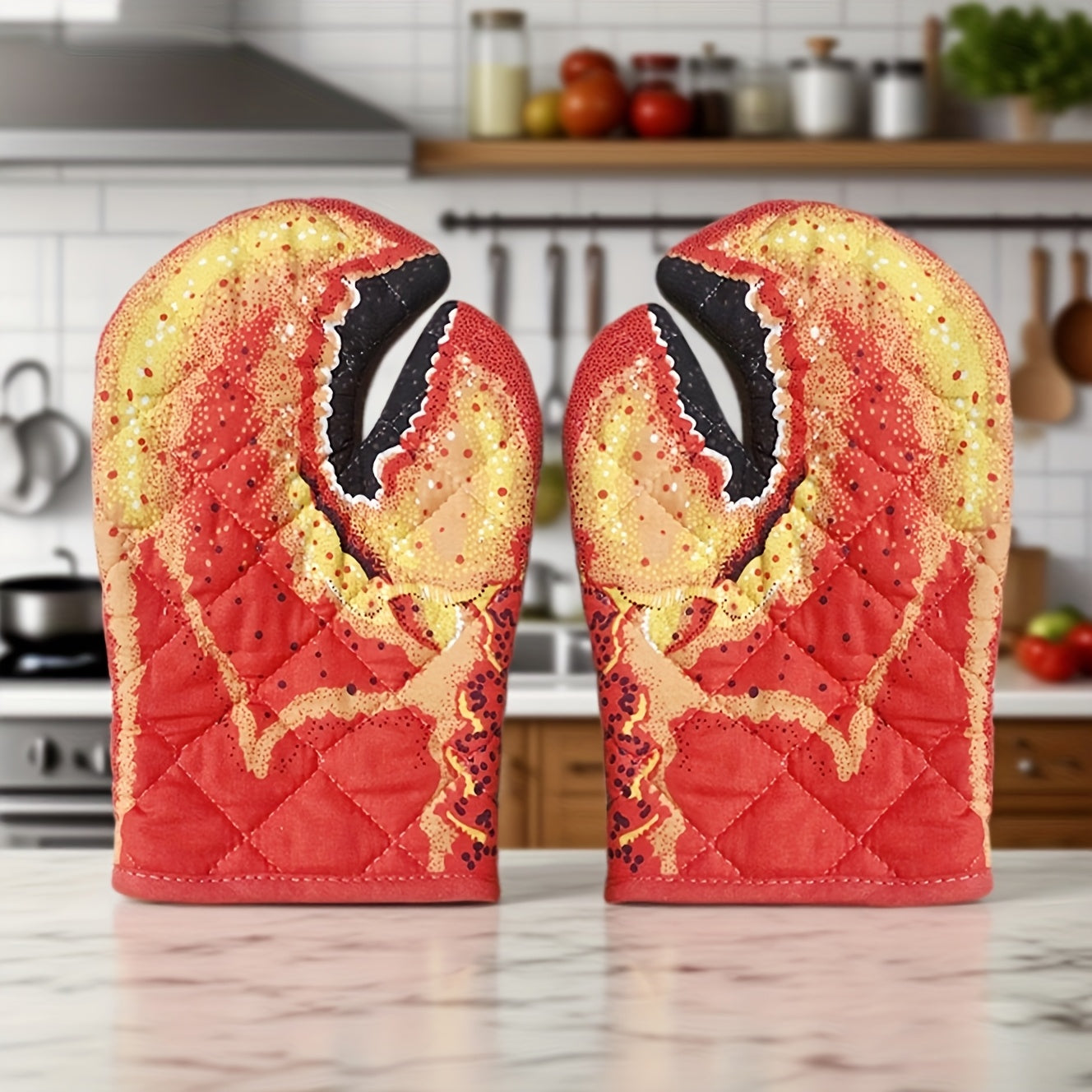 Bold Red Lobster Claw Oven Mitts 2-Pack - High-Temperature 500°F Heat-Resistant Protective Gloves - Coastal Pillows Plus
