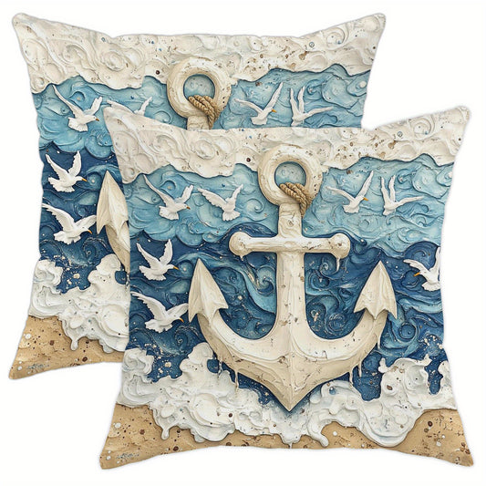 Bold Anchor and Seagull Design Throw Pillow Covers for Nautical Home décor - 12x20" - Coastal Pillows Plus