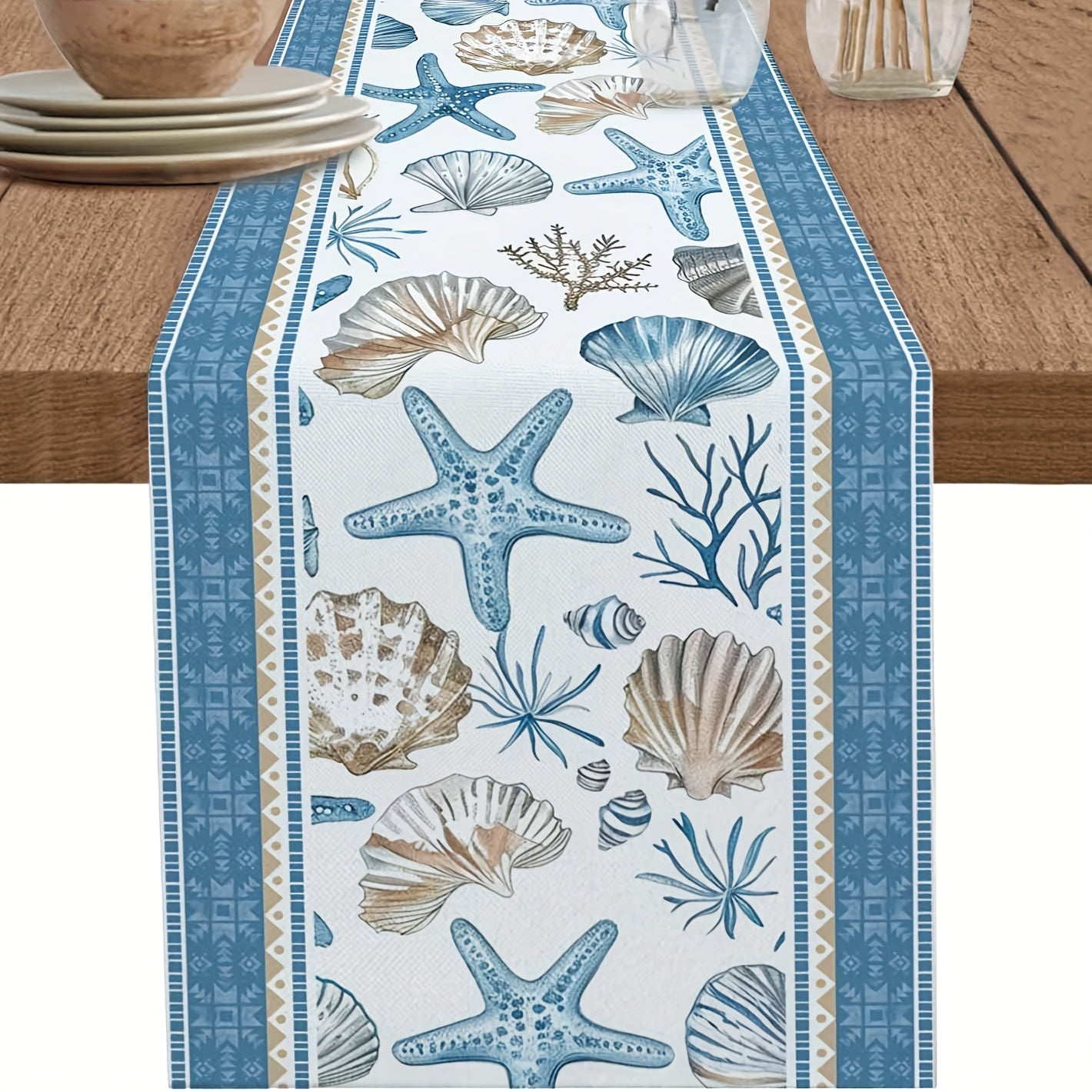 Saturated Starfish and Seashell Linen Table Runner - Classic Blue Bordered Nautical Table décor (13x48") - Coastal Pillows Plus