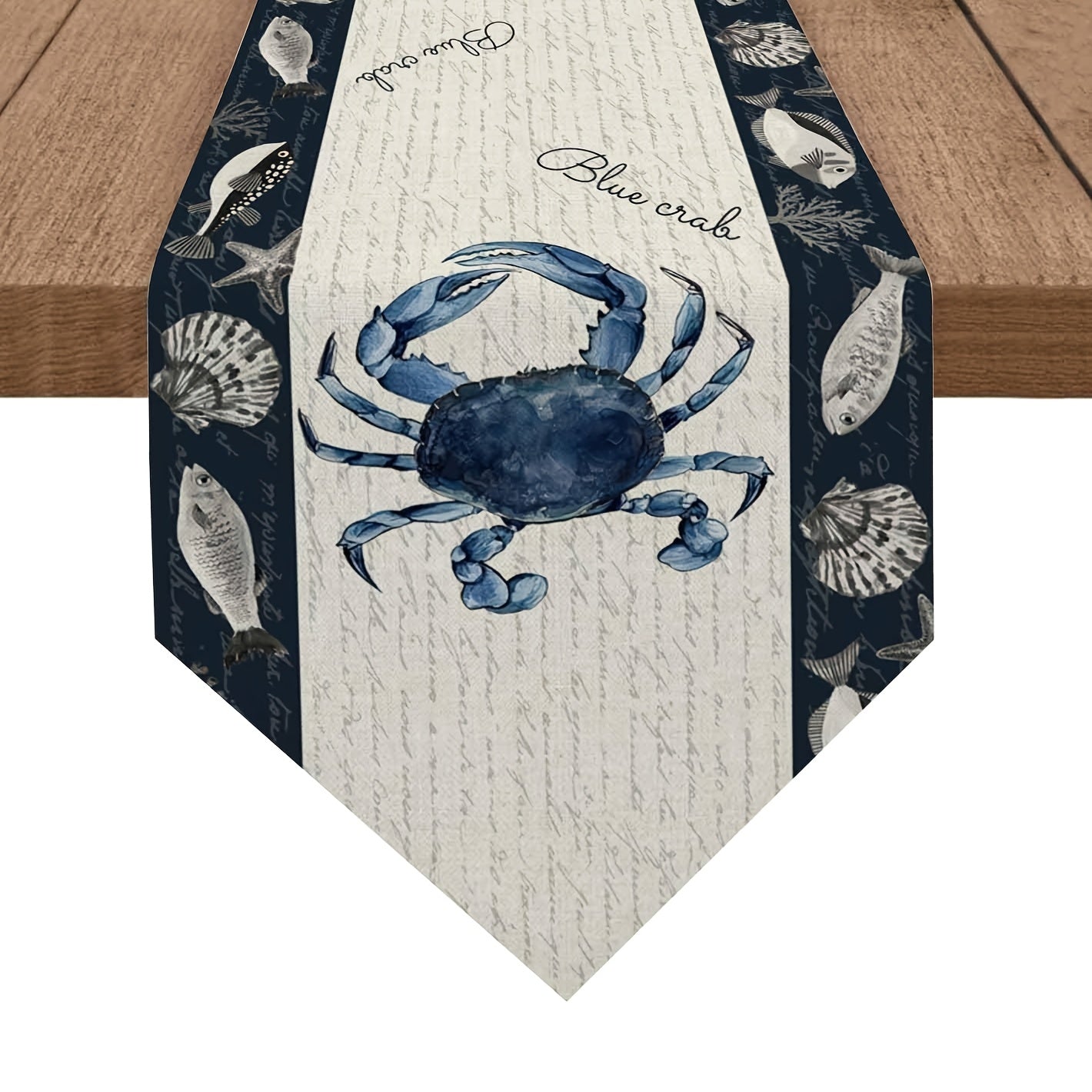 Radiant Tropical Fish and Blue Crab Design Premium Linen Triangle Table Runner - 13x72" Coastal Dining décor