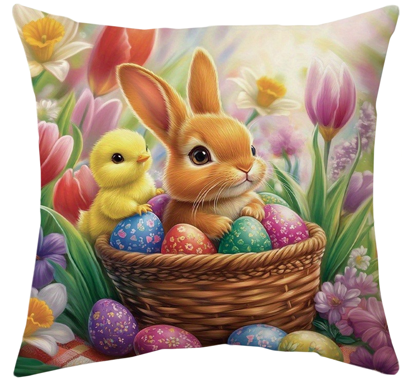 Soft 14x14 inch fleece pillow cover with watercolor-style Easter rabbits, chicks, and floral patterns, styled on a sofa for spring and holiday décor – Coastal Pillows Plus