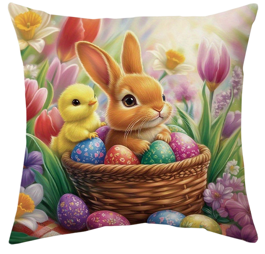Soft 14x14 inch fleece pillow cover with watercolor-style Easter rabbits, chicks, and floral patterns, styled on a sofa for spring and holiday décor – Coastal Pillows Plus