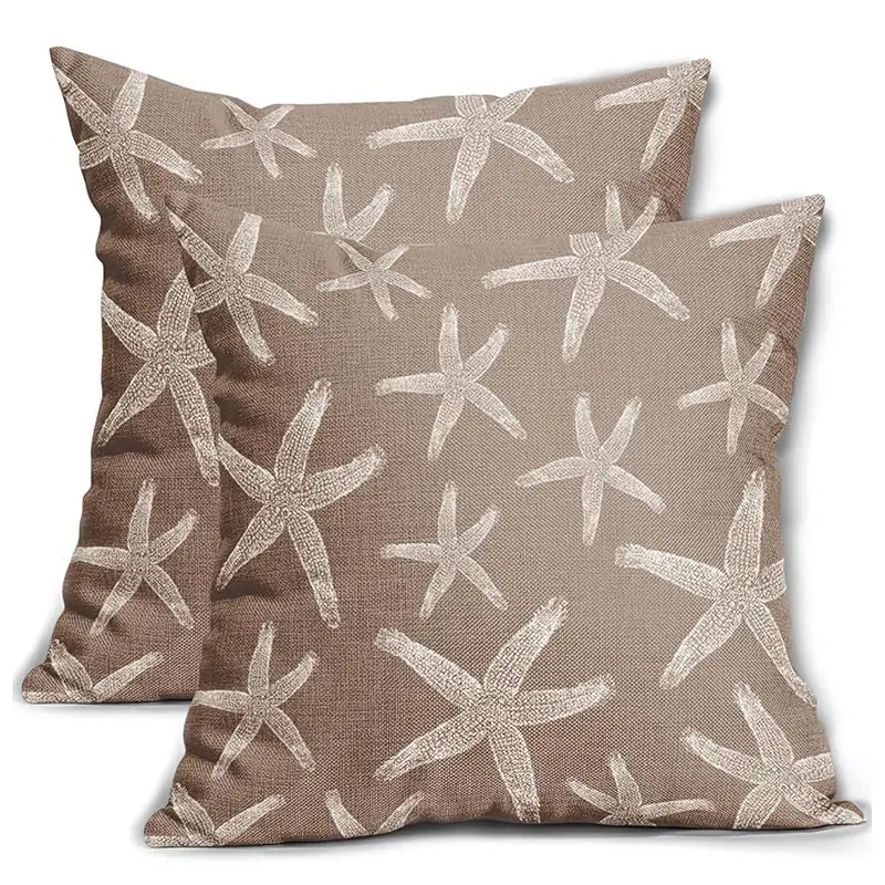 Contemporary brown pillow cover with a white starfish pattern for coastal and nautical home décor - 16x16 & 18x18.