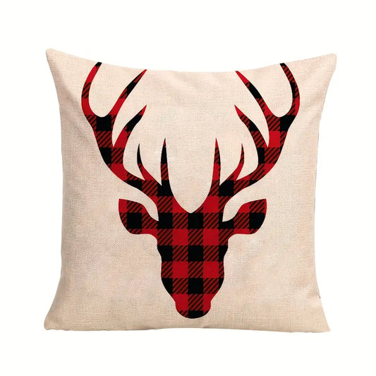 Buffalo plaid deer head silhouette pillow cover with red and black plaid deer head on a neutral background