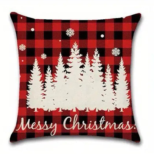 Red and black buffalo plaid pillow cover with a forest scene, snowfall, and text