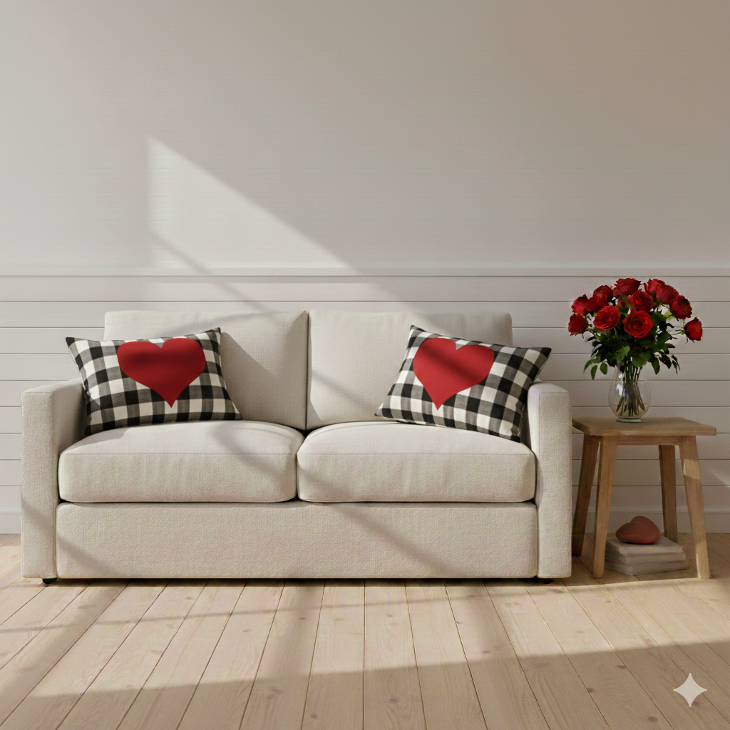 Classic black and white buffalo plaid 12x20 inch lumbar pillow cover with a centered red heart, styled on a sofa for farmhouse home décor – Coastal Pillows Plus.