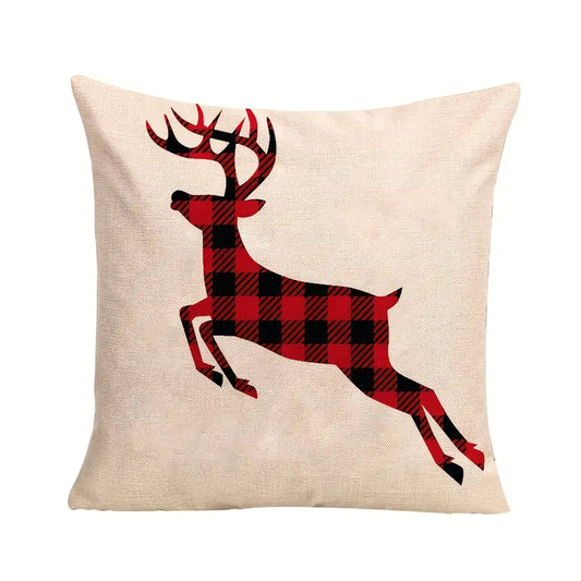 Buffalo plaid jumping deer silhouette pillow cover with red and black plaid deer on a neutral background