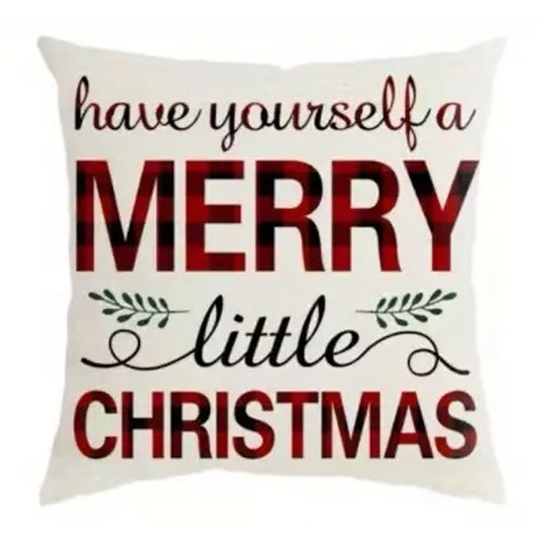 Buffalo plaid Christmas pillow cover featuring Have Yourself a Merry Little Christmas text with red plaid lettering on a light background.