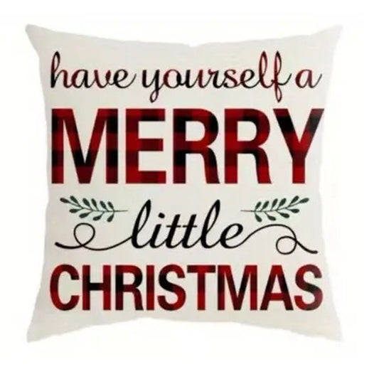 Buffalo plaid Christmas pillow cover featuring Have Yourself a Merry Little Christmas text with red plaid lettering on a light background.