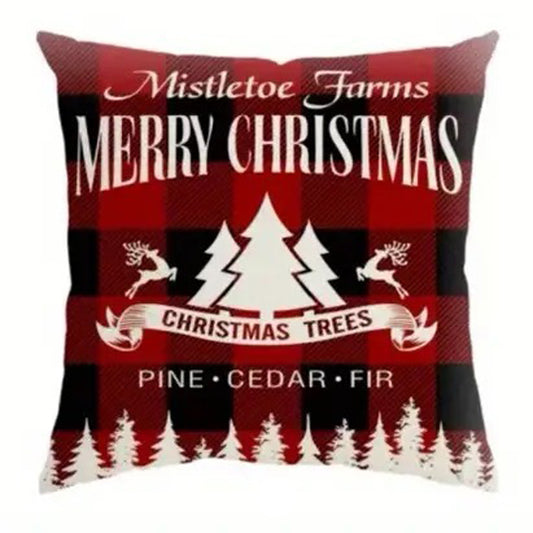 Buffalo plaid Christmas pillow cover featuring Mistletoe Farms Christmas trees and reindeer on a red and black plaid background.